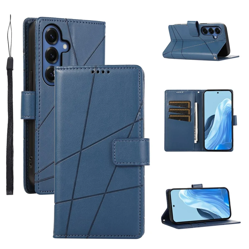 For Samsung Galaxy S26 Phone Case Line Imprint Leather Wallet Cover with Wrist Strap - Blue