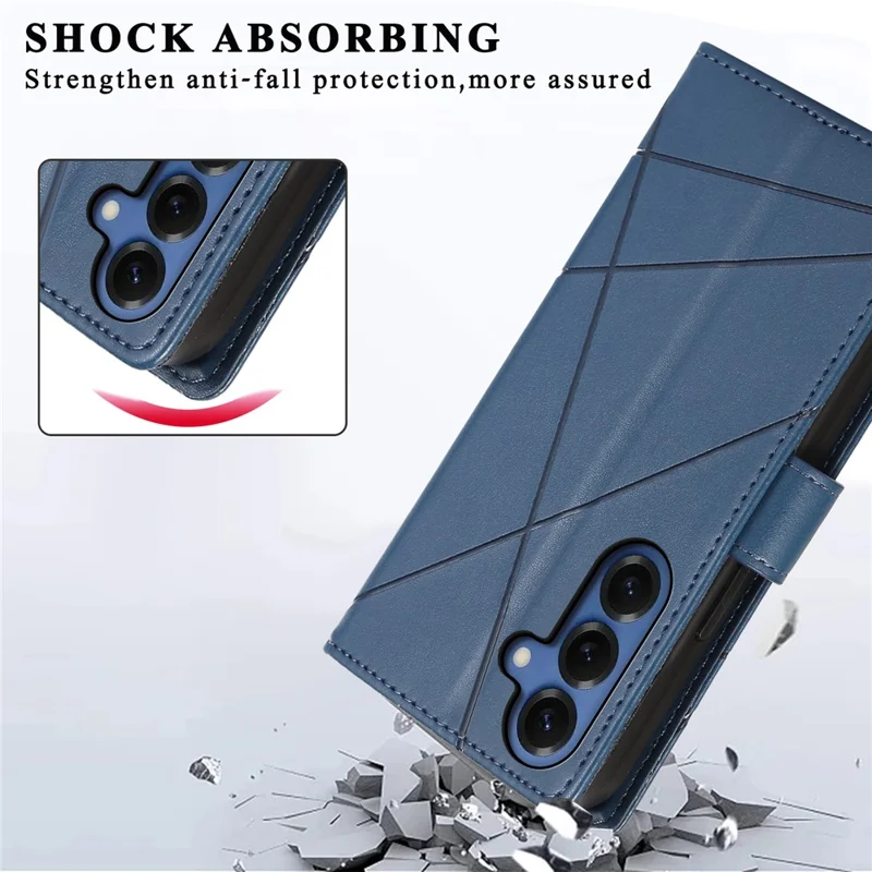 For Samsung Galaxy S26 Phone Case Line Imprint Leather Wallet Cover with Wrist Strap - Blue