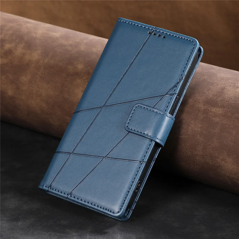 For Samsung Galaxy S26 Phone Case Line Imprint Leather Wallet Cover with Wrist Strap - Blue