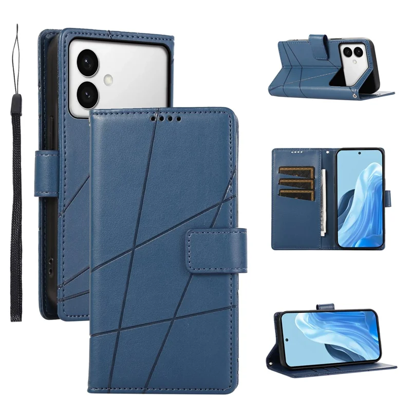 Für Samsung Galaxy S26 Edge Handytasche mit Linienprägung Leder-Mappe mit Handschlaufe - Blau