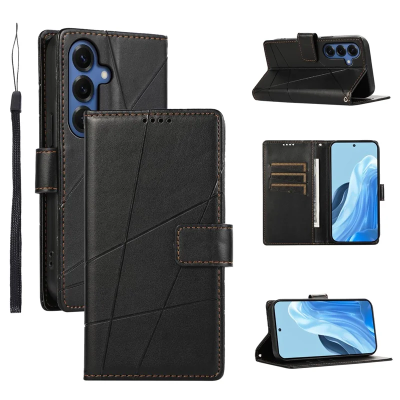 For Samsung Galaxy S26+ Phone Case Line Imprint Leather Wallet Cover with Wrist Strap - Black