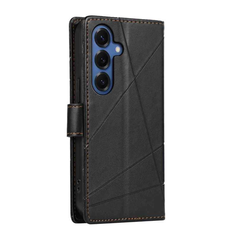 For Samsung Galaxy S26+ Phone Case Line Imprint Leather Wallet Cover with Wrist Strap - Black