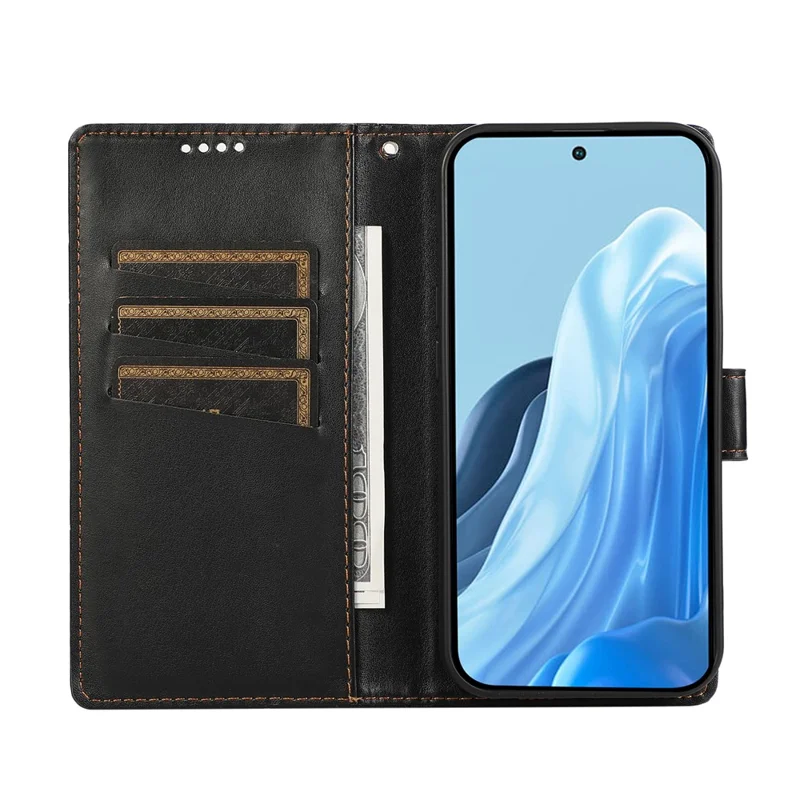 For Samsung Galaxy S26+ Phone Case Line Imprint Leather Wallet Cover with Wrist Strap - Black