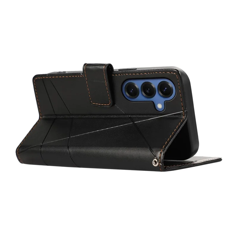 For Samsung Galaxy S26+ Phone Case Line Imprint Leather Wallet Cover with Wrist Strap - Black