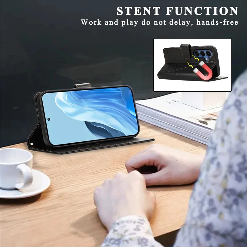 For Samsung Galaxy S26+ Phone Case Line Imprint Leather Wallet Cover with Wrist Strap - Black