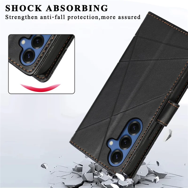 For Samsung Galaxy S26+ Phone Case Line Imprint Leather Wallet Cover with Wrist Strap - Black