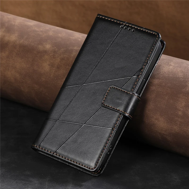 For Samsung Galaxy S26+ Phone Case Line Imprint Leather Wallet Cover with Wrist Strap - Black