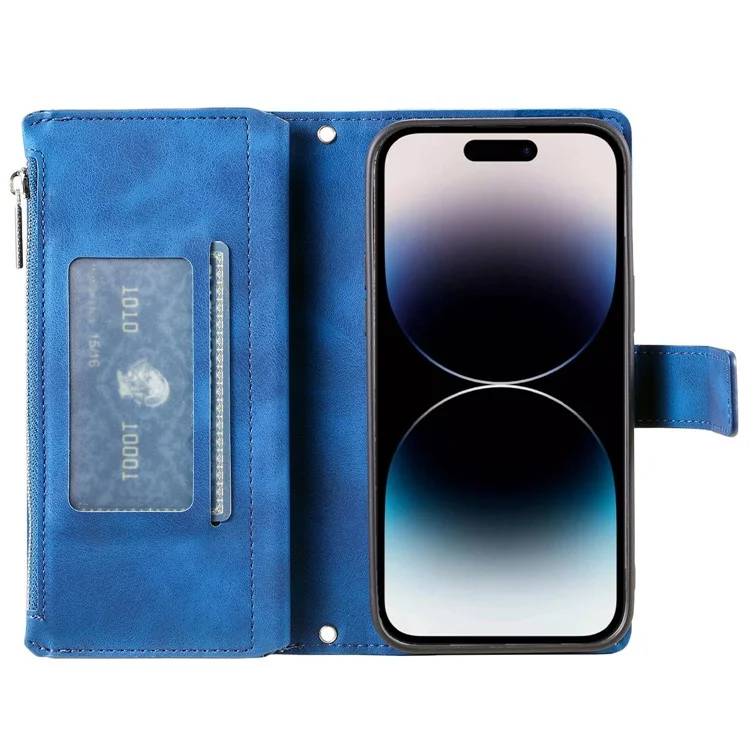Case de Portefeuille de Poche à Glissière Pour Iphone 14 Pro Max, Mandala Fleur Résistant à la Chute Couverture de Support en Cuir PU Imprimé Avec Plusieurs Emplacements de Carte - Bleu