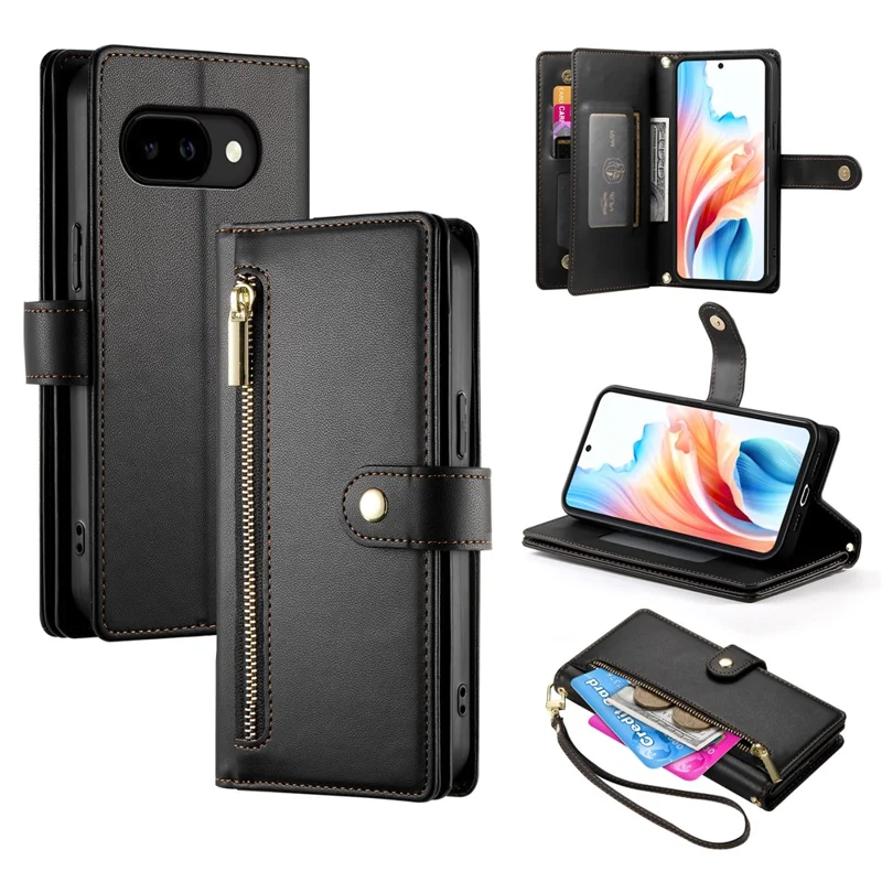 For Google Pixel 10a Case Zipper Pocket Wallet Leather Phone Cover with Straps - Black