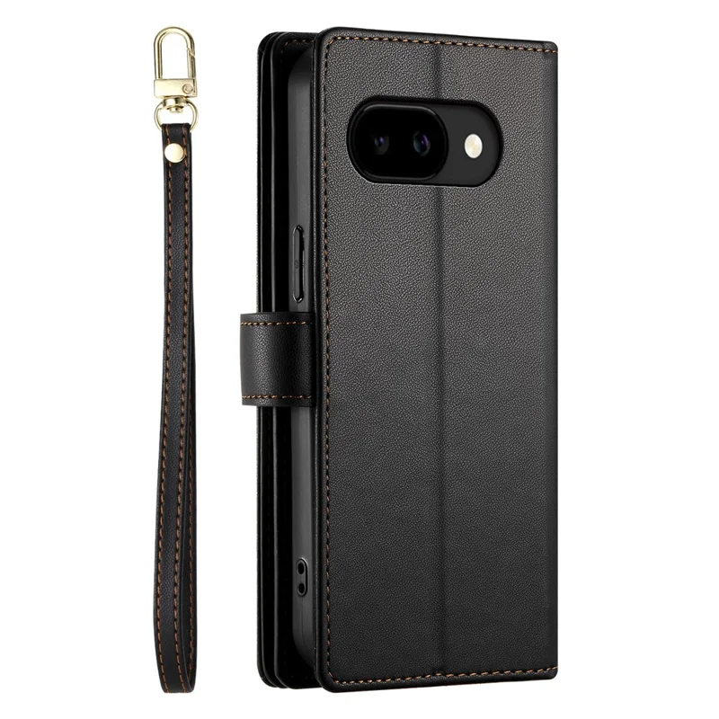 For Google Pixel 10a Case Zipper Pocket Wallet Leather Phone Cover with Straps - Black