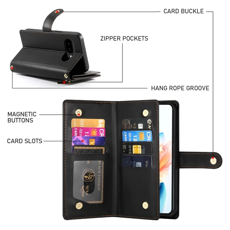 For Google Pixel 10a Case Zipper Pocket Wallet Leather Phone Cover with Straps - Black