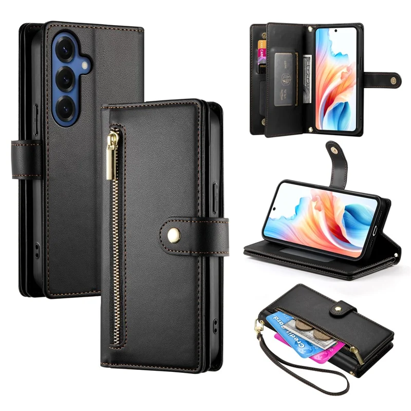 For Samsung Galaxy S26+ Case Zipper Pocket Wallet Leather Phone Cover with Straps - Black - 1