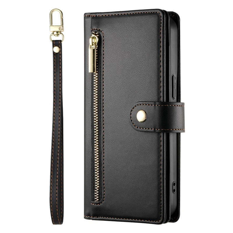 For Samsung Galaxy S26+ Case Zipper Pocket Wallet Leather Phone Cover with Straps - Black - 12