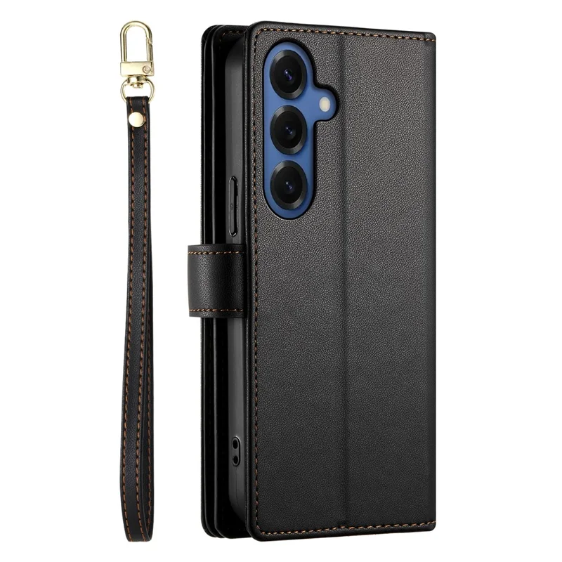 For Samsung Galaxy S26+ Case Zipper Pocket Wallet Leather Phone Cover with Straps - Black