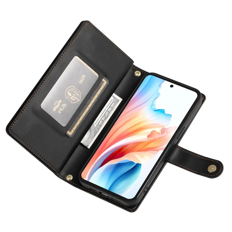 For Samsung Galaxy S26+ Case Zipper Pocket Wallet Leather Phone Cover with Straps - Black - 3