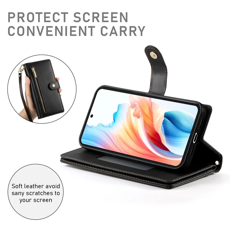 For Samsung Galaxy S26+ Case Zipper Pocket Wallet Leather Phone Cover with Straps - Black - 4