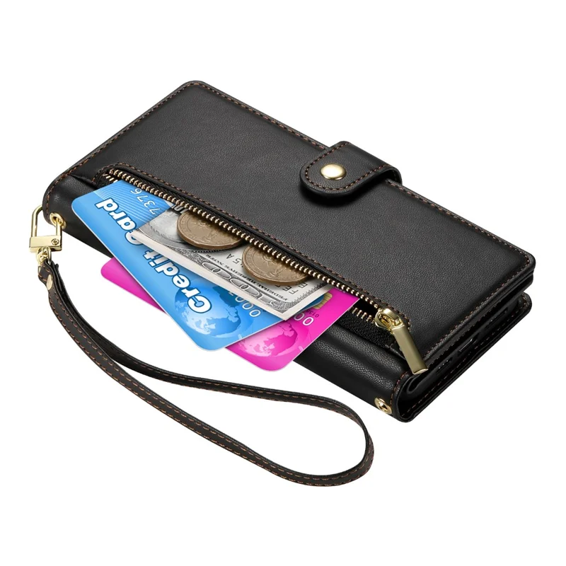 For Samsung Galaxy S26+ Case Zipper Pocket Wallet Leather Phone Cover with Straps - Black - 6
