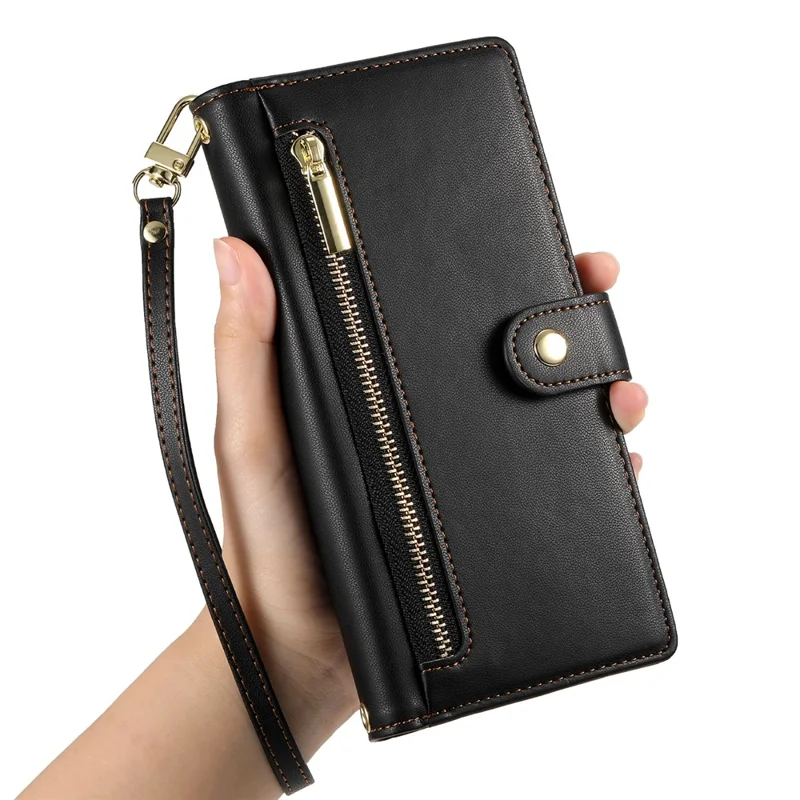For Samsung Galaxy S26+ Case Zipper Pocket Wallet Leather Phone Cover with Straps - Black - 7