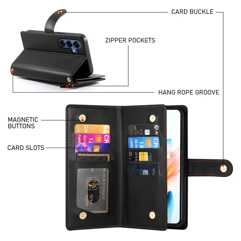 For Samsung Galaxy S26+ Case Zipper Pocket Wallet Leather Phone Cover with Straps - Black - 9