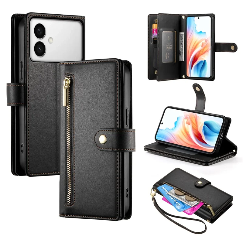For Samsung Galaxy S26 Edge Case Zipper Pocket Wallet Leather Phone Cover with Straps - Black