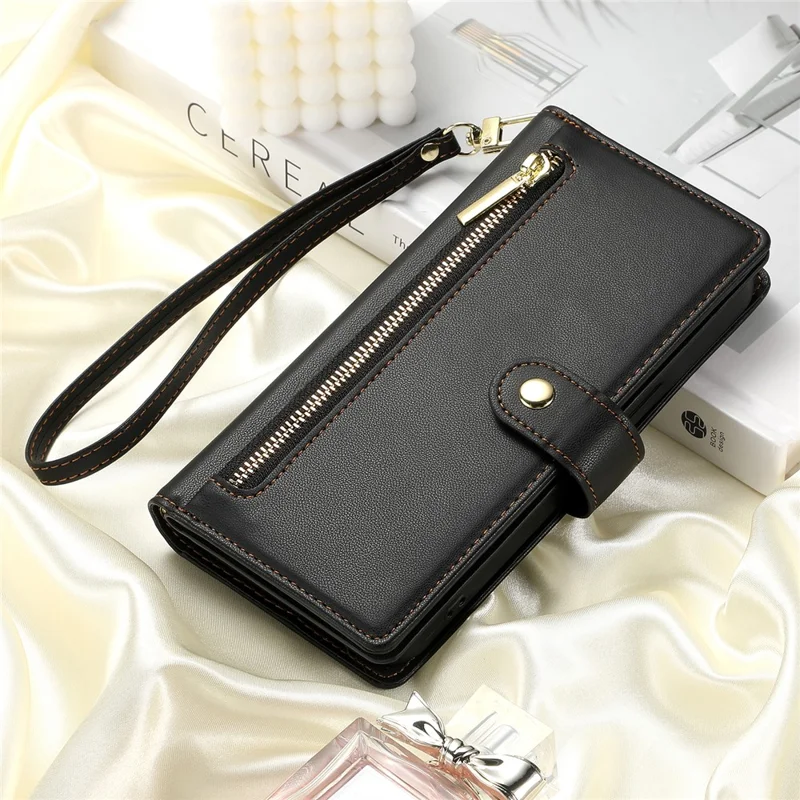 For Samsung Galaxy S26 Edge Case Zipper Pocket Wallet Leather Phone Cover with Straps - Black