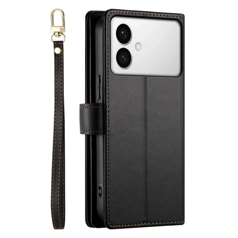 For Samsung Galaxy S26 Edge Case Zipper Pocket Wallet Leather Phone Cover with Straps - Black