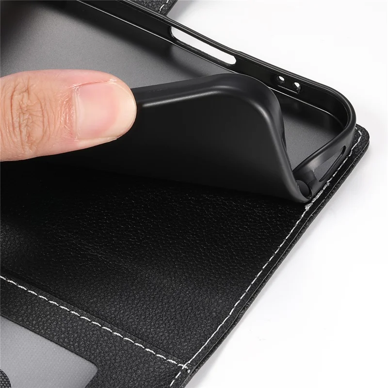 Voor Samsung Galaxy S26 Edge Hoes Magnetische Snap Litchi Structuur Leren Portemonnee Telefoonhoes met Polsbandje - Zwart