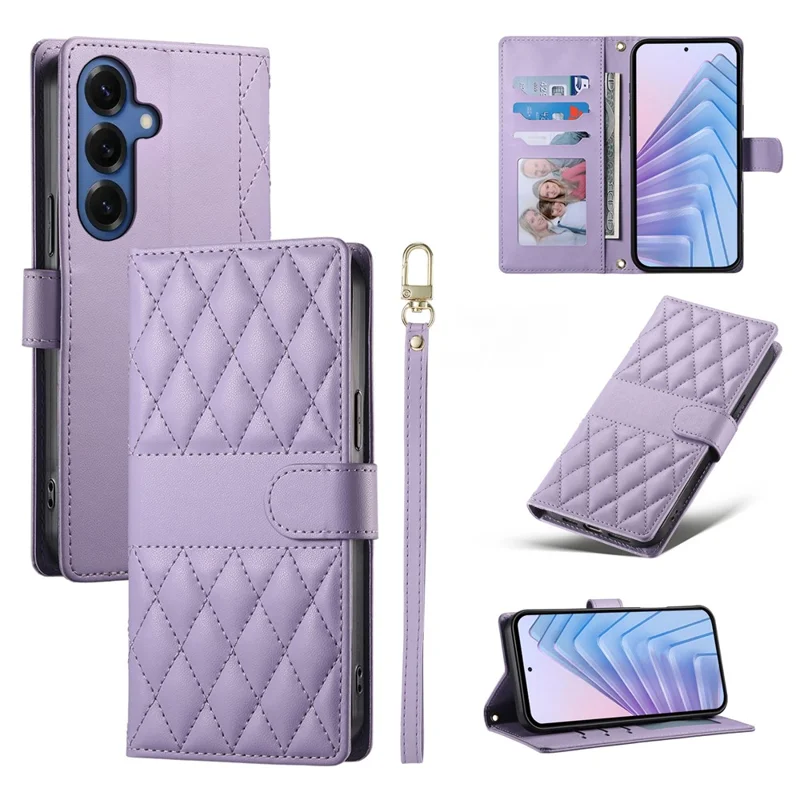 For Samsung Galaxy S26 Wallet Case Rhombus Stitching Stand Leather Phone Cover with Long / Short Strap - Purple