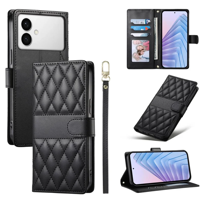 Cover Portafoglio per Samsung Galaxy S26 Edge con Supporto, Copertura in Pelle con Cuciture a Rombo e Cinturino Lungo/Corto - Nero