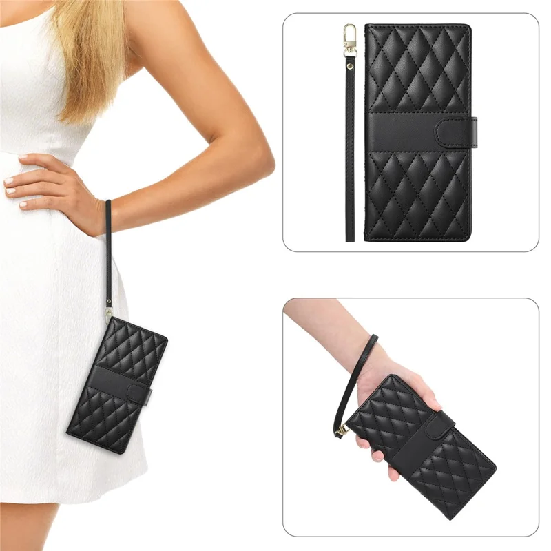 Cover Portafoglio per Samsung Galaxy S26 Edge con Supporto, Copertura in Pelle con Cuciture a Rombo e Cinturino Lungo/Corto - Nero