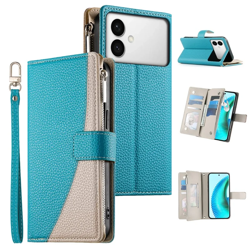 For Samsung Galaxy S26 Edge Case Zipper Wallet Color Splicing Leather Flip Phone Cover with Straps - Lake Blue