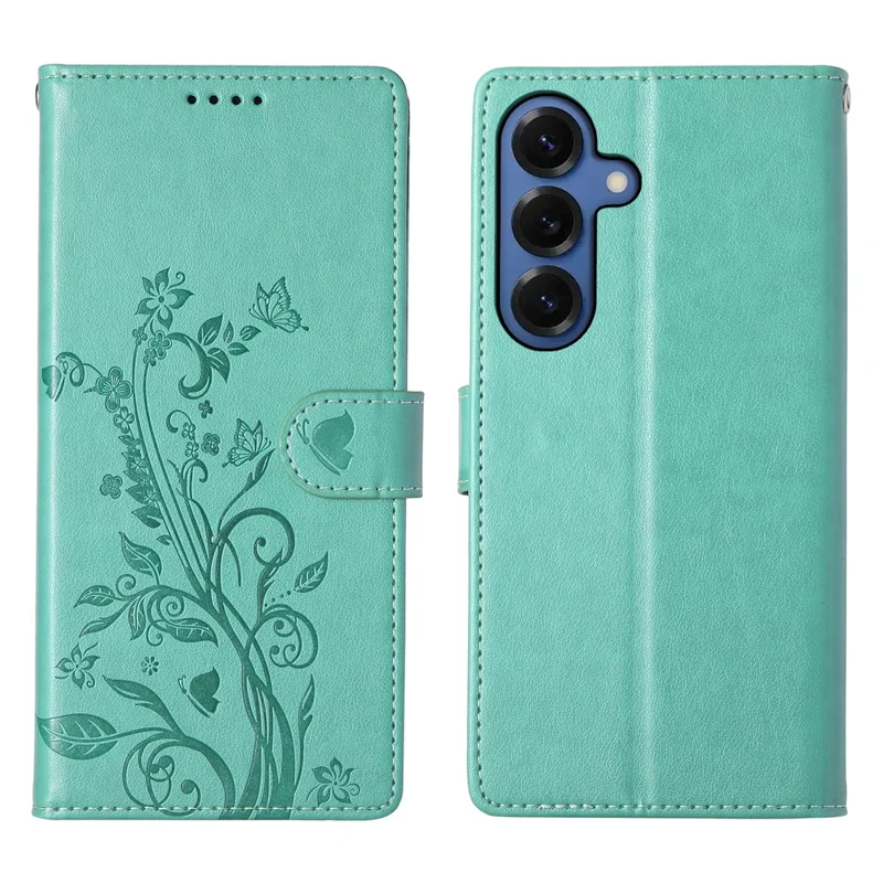 For Samsung Galaxy S26 Wallet Case Butterfly Floral Imprint PU Leather Phone Cover with Wrist Strap - Green