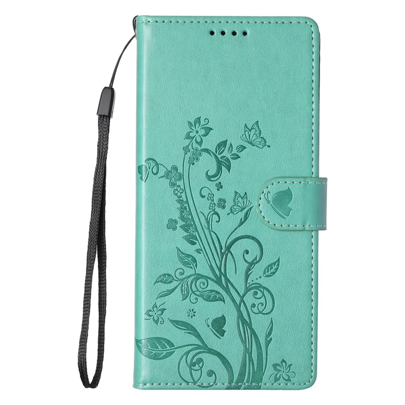 For Samsung Galaxy S26 Wallet Case Butterfly Floral Imprint PU Leather Phone Cover with Wrist Strap - Green