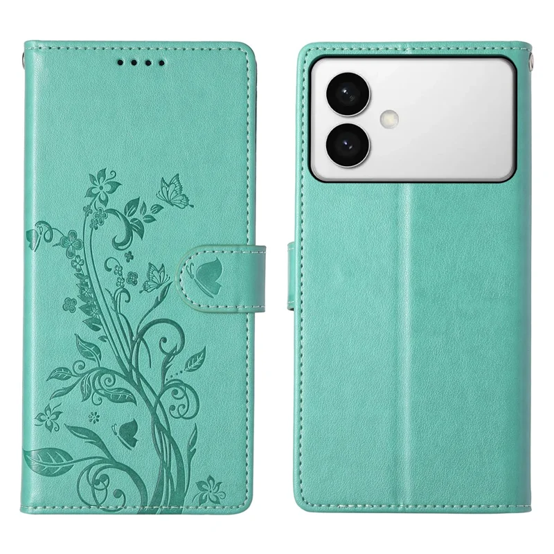 For Samsung Galaxy S26 Edge Wallet Case Butterfly Floral Imprint PU Leather Phone Cover with Wrist Strap - Green