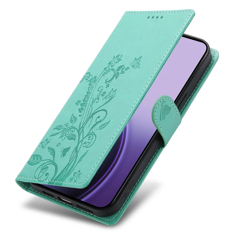 For Samsung Galaxy S26 Edge Wallet Case Butterfly Floral Imprint PU Leather Phone Cover with Wrist Strap - Green