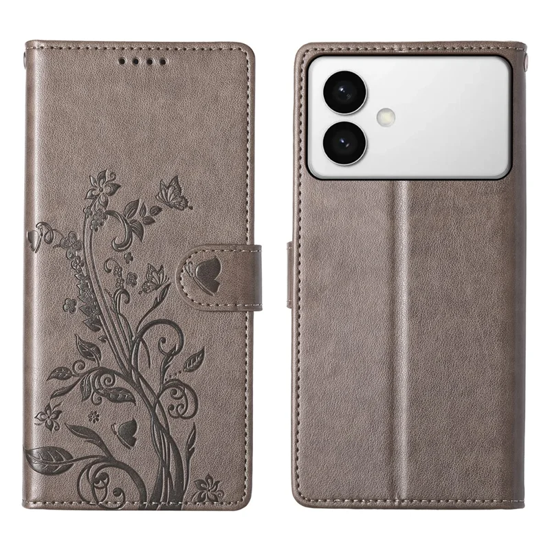 For Samsung Galaxy S26 Edge Wallet Case Butterfly Floral Imprint PU Leather Phone Cover with Wrist Strap - Grey