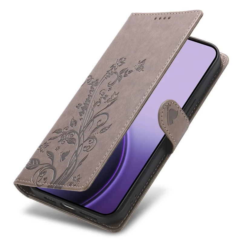 For Samsung Galaxy S26 Edge Wallet Case Butterfly Floral Imprint PU Leather Phone Cover with Wrist Strap - Grey