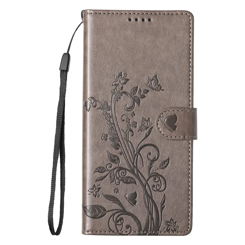 For Samsung Galaxy S26 Edge Wallet Case Butterfly Floral Imprint PU Leather Phone Cover with Wrist Strap - Grey