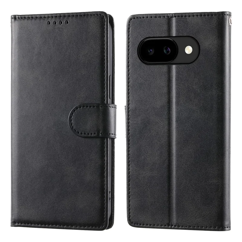 For Google Pixel 10a Case Stand Wallet Calf Texture PU Leather Flip Phone Cover with Wrist Strap - Black