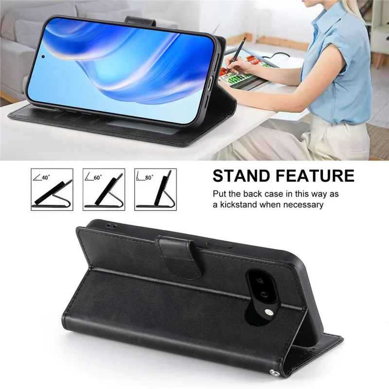 For Google Pixel 10a Case Stand Wallet Calf Texture PU Leather Flip Phone Cover with Wrist Strap - Black