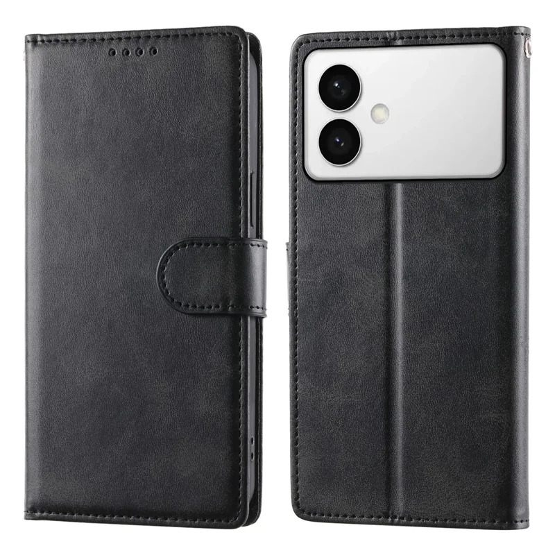 For Samsung Galaxy S26 Edge Case Stand Wallet Calf Texture PU Leather Flip Phone Cover with Wrist Strap - Black
