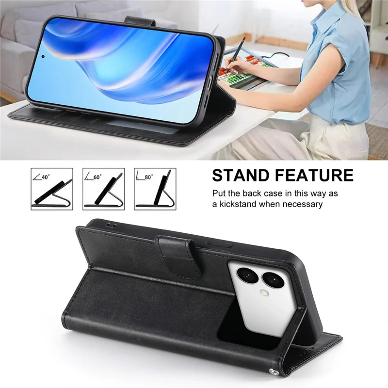 For Samsung Galaxy S26 Edge Case Stand Wallet Calf Texture PU Leather Flip Phone Cover with Wrist Strap - Black