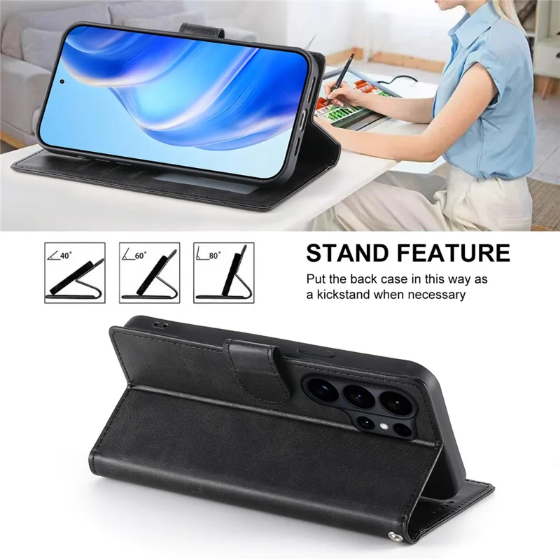 Samsung Galaxy S26 Ultra Hoesje Stand Wallet Kalfsstructuur PU Leren Flip Hoesje met Polsbandje - Zwart