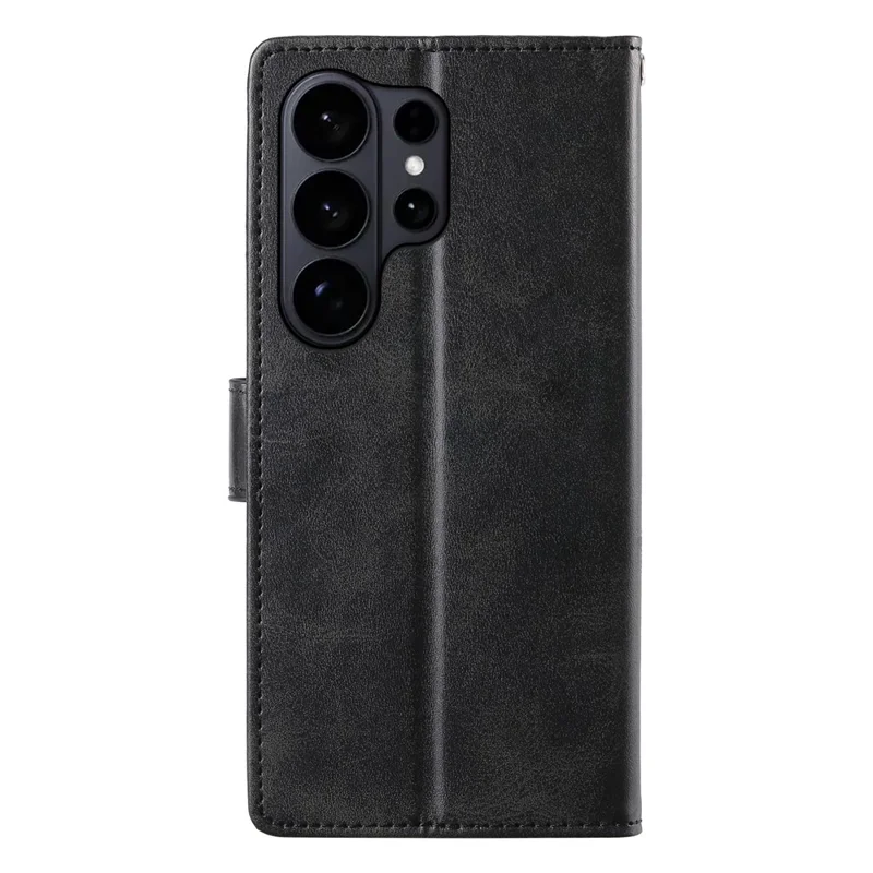 Samsung Galaxy S26 Ultra Hoesje Stand Wallet Kalfsstructuur PU Leren Flip Hoesje met Polsbandje - Zwart