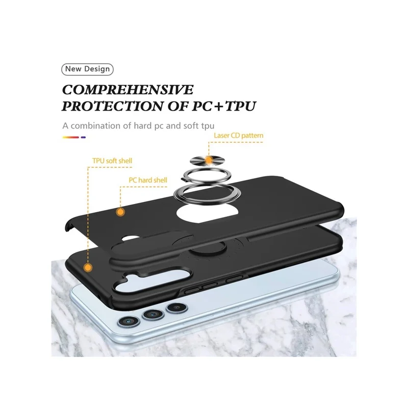 For Samsung Galaxy S26 Case PC + TPU Phone Cover with Rotatable Ring Holder - Black