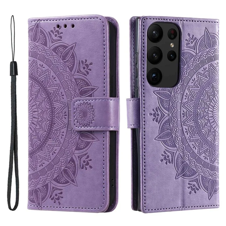 Pour Samsung Galaxy S23 Ultra Wallet Phone Case Mandala Flower Imprinted PU Leather Flip Stand Magnetic Clasp Shockproof Cover - Purple