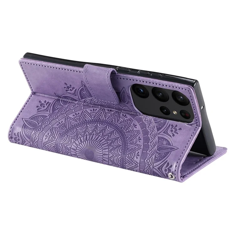 Pour Samsung Galaxy S23 Ultra Wallet Phone Case Mandala Flower Imprinted PU Leather Flip Stand Magnetic Clasp Shockproof Cover - Purple