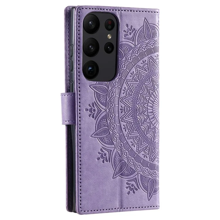 Pour Samsung Galaxy S23 Ultra Wallet Phone Case Mandala Flower Imprinted PU Leather Flip Stand Magnetic Clasp Shockproof Cover - Purple