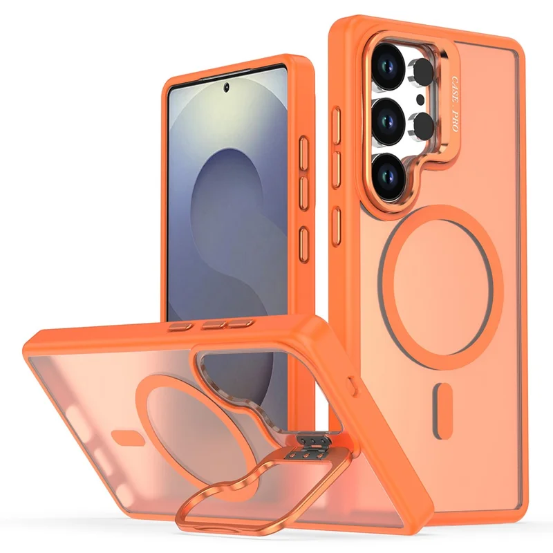 For Samsung Galaxy S24 Ultra Magnetic Case Foldable Kickstand Matte PC + TPU Phone Cover - Orange