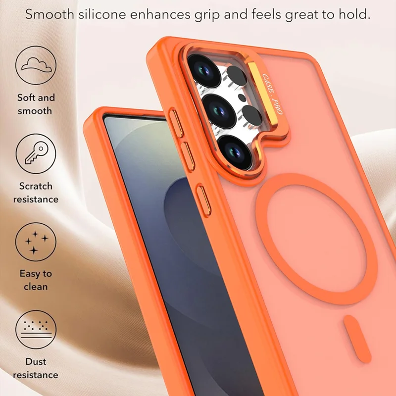 For Samsung Galaxy S24 Ultra Magnetic Case Foldable Kickstand Matte PC + TPU Phone Cover - Orange